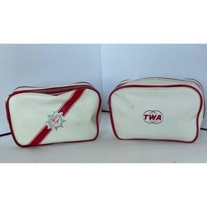 Vintage TWA Trans World Airlines White Vinyl Travel Kit Amenity Bag Red Piping
